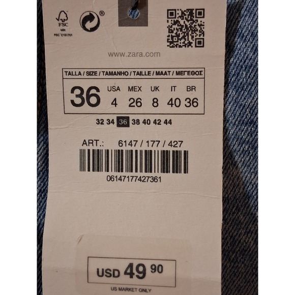Zara Straight Full Length Jeans Light Blue High Rise Raw Hem USA 4 EUR 36 NEW - Picture 3 of 7